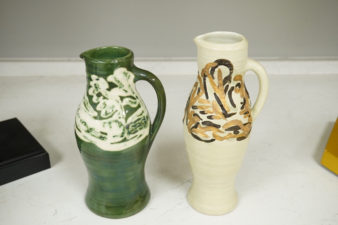 Nicola Tassie (b.1960), Three jugs and a slipware bowl, each signed to the bases, largest 28cm high